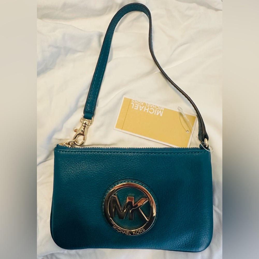 NWT, Michael Kors; Teal Leather Wristlet